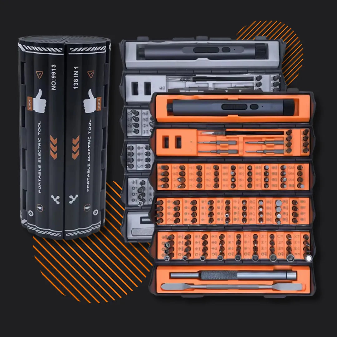 138 in 1 portable electric screwdriver set with multiple precision bits in black tool case