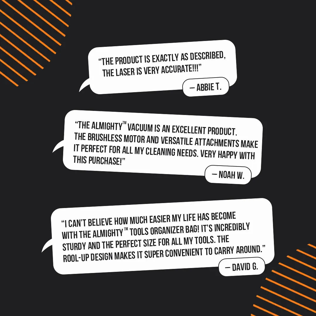 Almighty DIYers Essentials Bundle customer reviews in white text on black background with orange stripes.