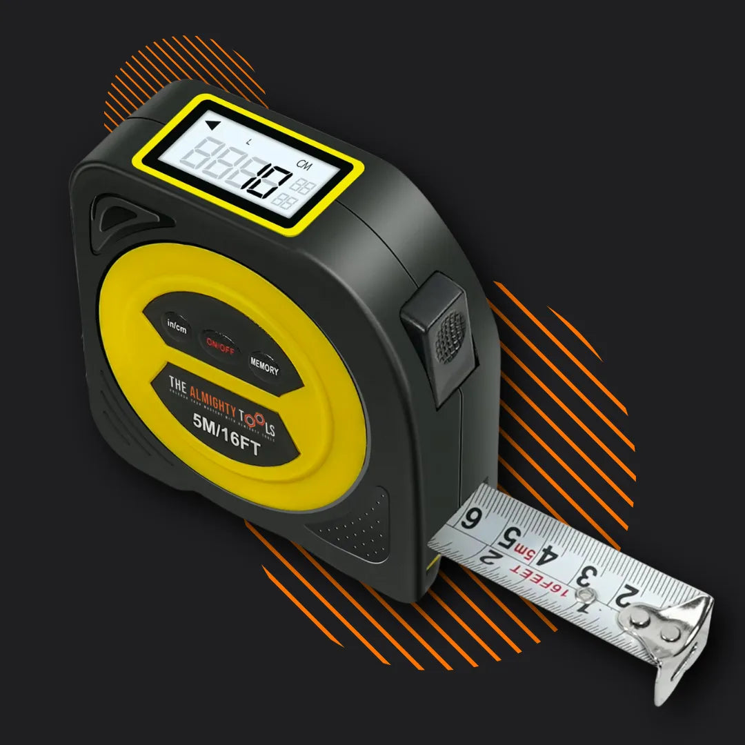 Digital tape measure with LCD display and yellow accents, showing 5M/16FT length