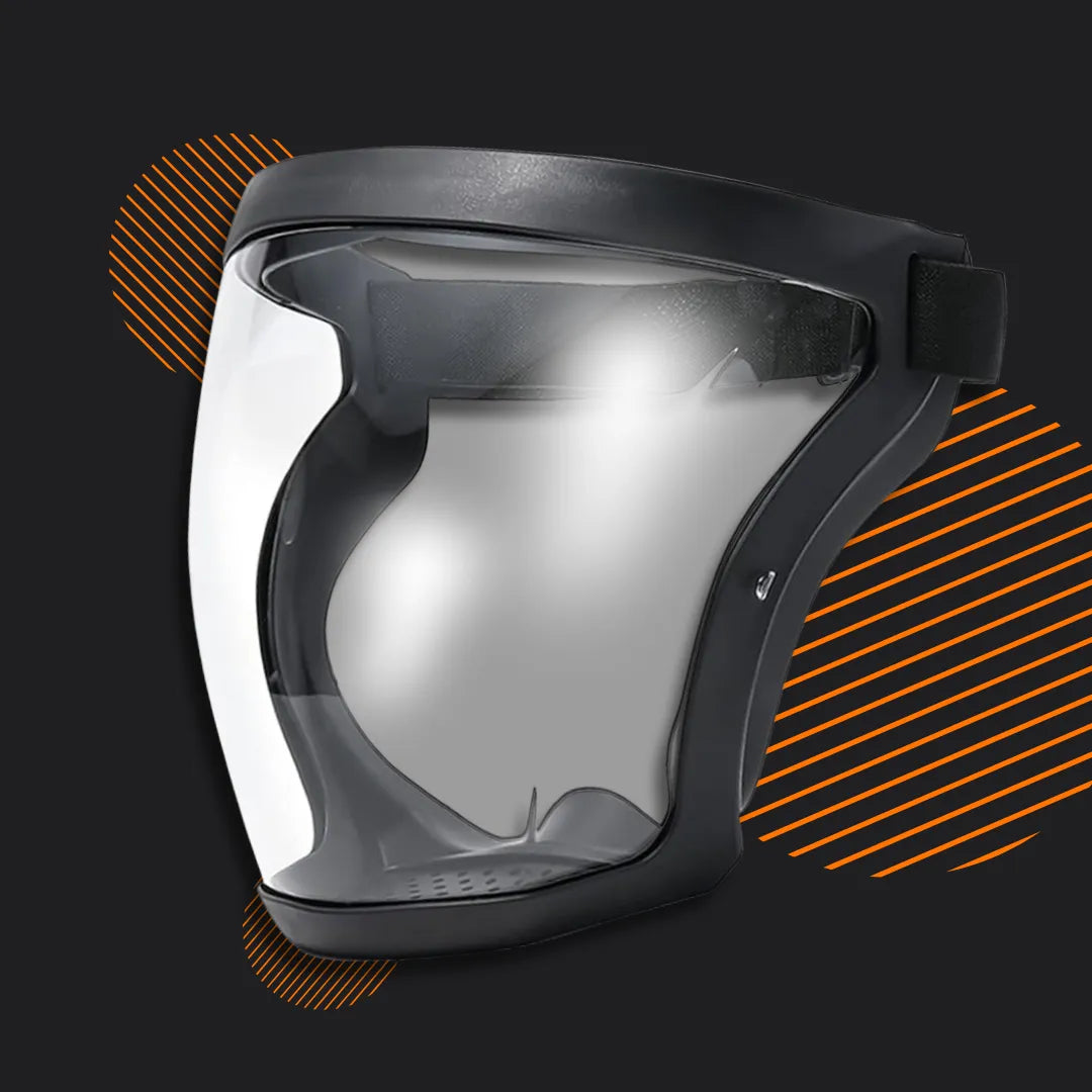 Full-face protective mask with clear visor and black frame on a dark background