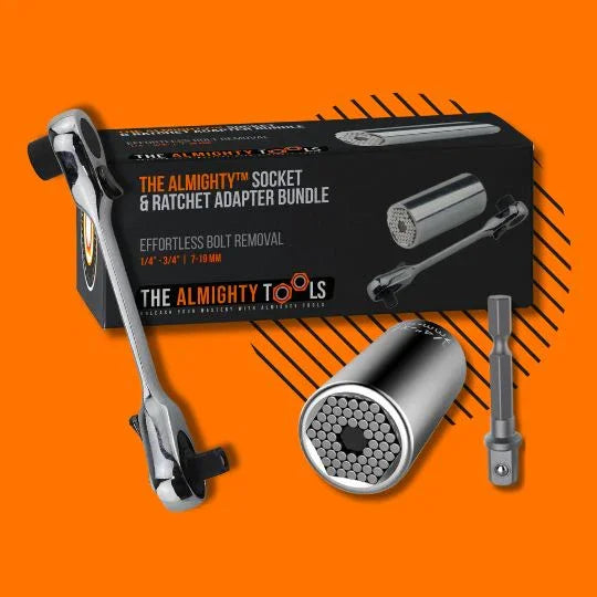 The Almighty universal socket and ratchet adapter bundle with box on orange background
