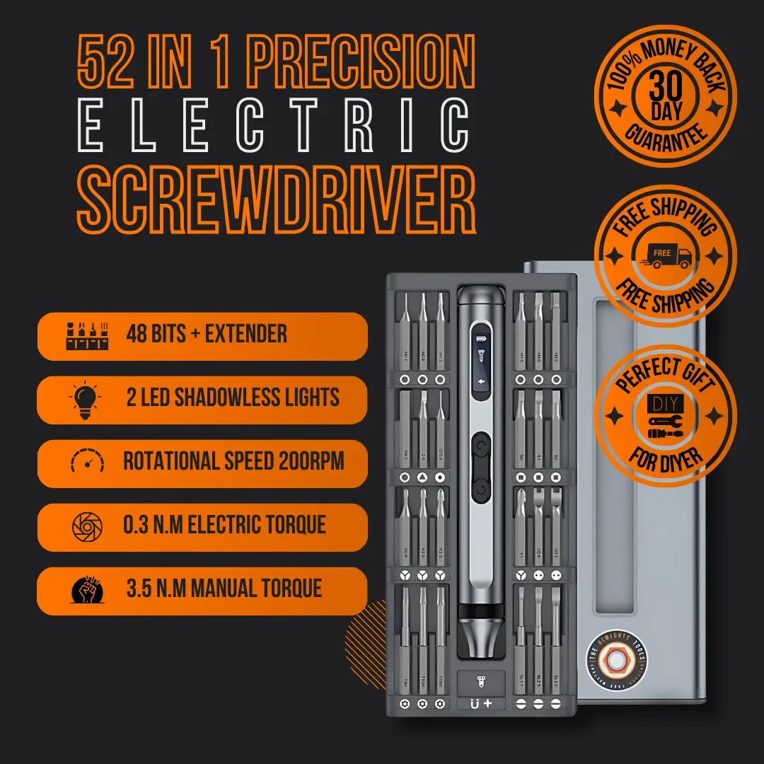 The Almighty Precision Electric Screwdriver 52 in 1 — complete kit with S2 steel bits, LED lights, and storage case