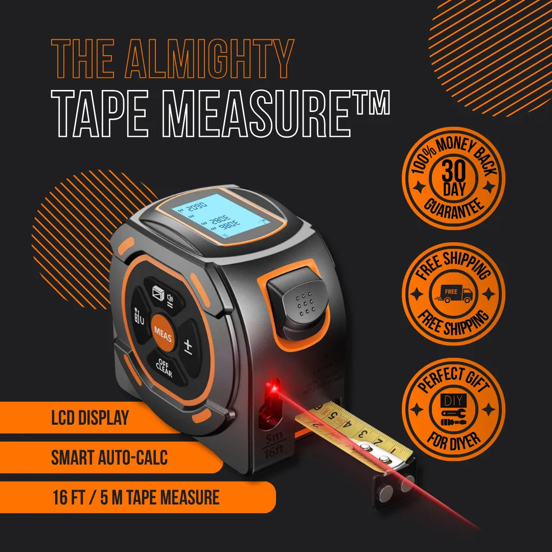 The Almighty Tape Measure — digital tape measure with laser guide, LCD display, and multiple measurement modes for DIY and construction