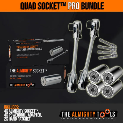 Quad Socket Pro Bundle with 4 Almighty Sockets, 2 hand ratchets, and 4 power drill adapters