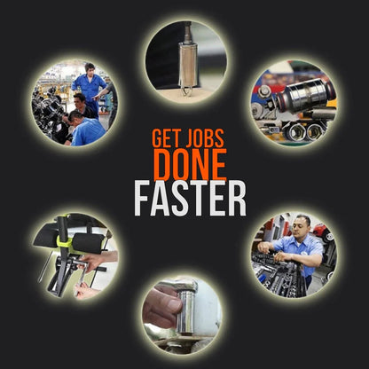 Collage of mechanics using tools with text 'Get jobs done faster' on black background.