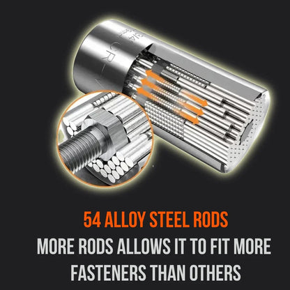 Universal socket tool with 54 alloy steel rods gripping hex bolt, demonstrating multi-size fit