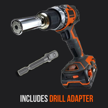 Universal socket tool attached to cordless drill with drill adapter on black background