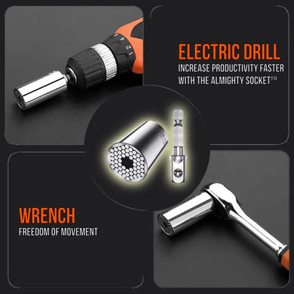 Universal socket adapter on electric drill and wrench, The Almighty Socket tool set