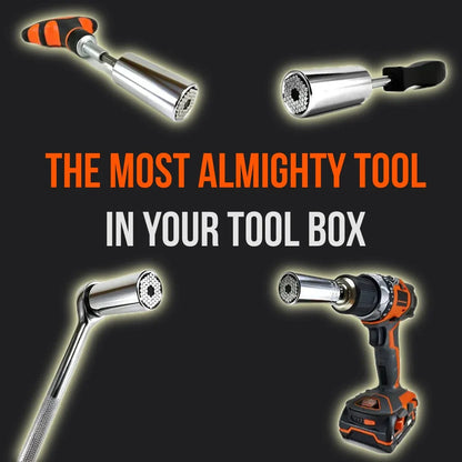 Universal socket tool attachments on various handles and drill, dark background, toolbox banner.