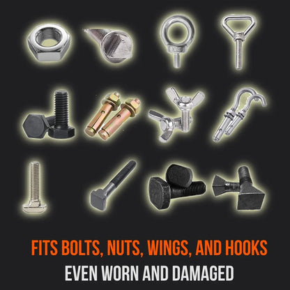 Various bolts, nuts, wingnuts, and hooks on black background, fits damaged fasteners