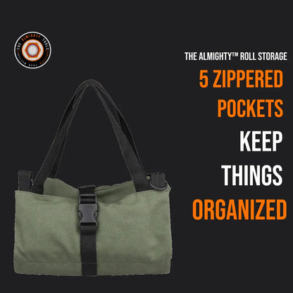 Green Almighty Roll Storage bag with handles and buckle, 5 zippered pockets, organization