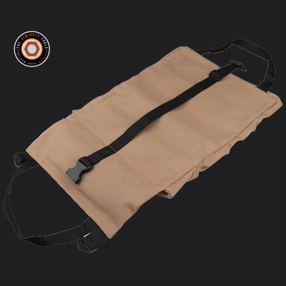Tan roll-up tool storage bag with black straps on black background, The Almighty Tools logo