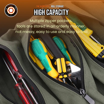 High capacity tool roll storage with multiple zipper pockets holding hand tools