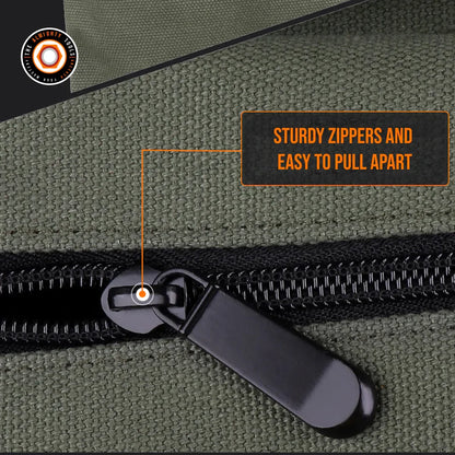 Close-up of green roll storage bag with sturdy black zipper and 'Sturdy zippers' text overlay