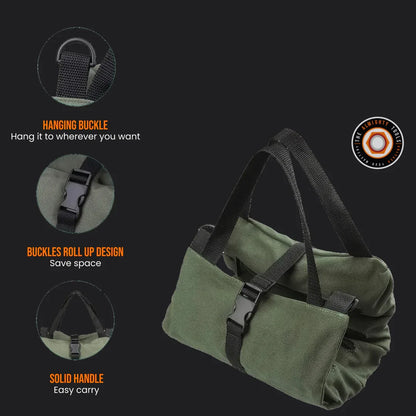 Green roll-up storage bag with buckle closure, hanging buckle, solid handles on black background