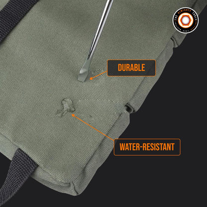 Close-up of green tool roll pouch labeled durable, water-resistant, with screwdriver test.