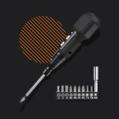 Cordless electric screwdriver with multiple drill bits on dark background