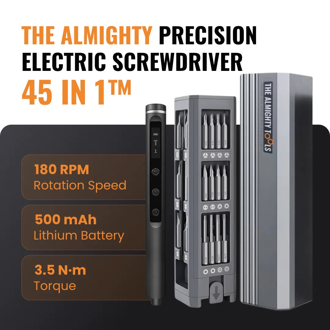 45-in-1 precision electric screwdriver with features highlighted on a black background