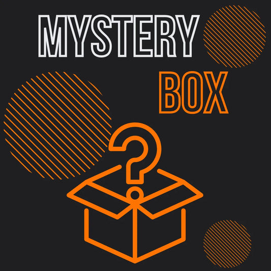 Mystery box graphic with orange question mark and outlined circles on black background